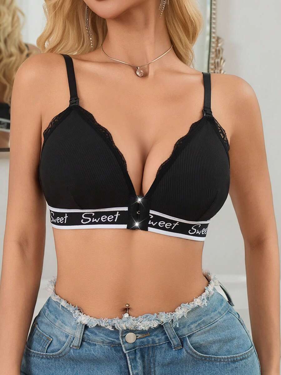 Women Black Letter Jacquard Lace Nursing Bra Comfortable Breastfeeding Bra Patchwork Maternity Lingerie