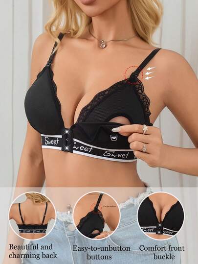 Women Black Letter Jacquard Lace Nursing Bra Comfortable Breastfeeding Bra Patchwork Maternity Lingerie