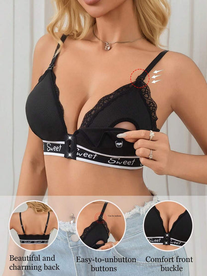 Women Black Letter Jacquard Lace Nursing Bra Comfortable Breastfeeding Bra Patchwork Maternity Lingerie