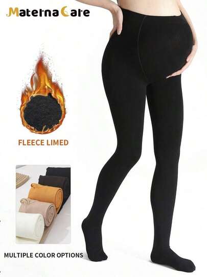Maternity Thermal Lined Tights - Black Solid Warm Stretch Pregnancy Leggings, Autumn Winter