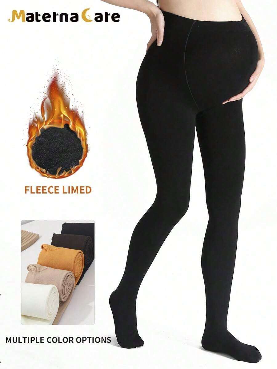 Maternity Thermal Lined Tights - Black Solid Warm Stretch Pregnancy Leggings, Autumn Winter