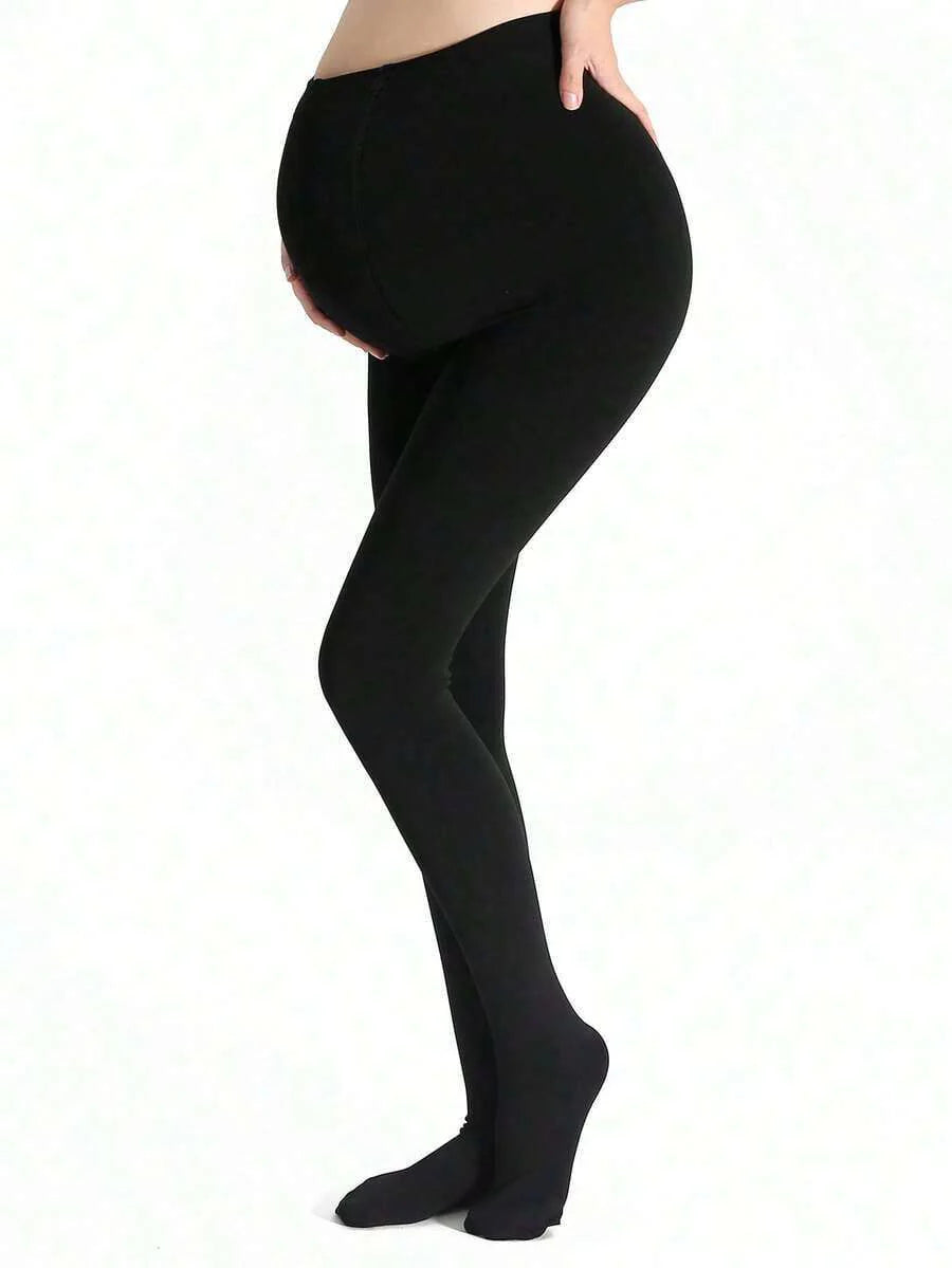 Maternity Thermal Lined Tights - Black Solid Warm Stretch Pregnancy Leggings, Autumn Winter