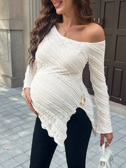 Maternity One Shoulder Long Bell Sleeve Shirt - Asymmetrical Ruffle Hem Slim Fit Rib Knit Jacquard Top for Beach & Casual Wear