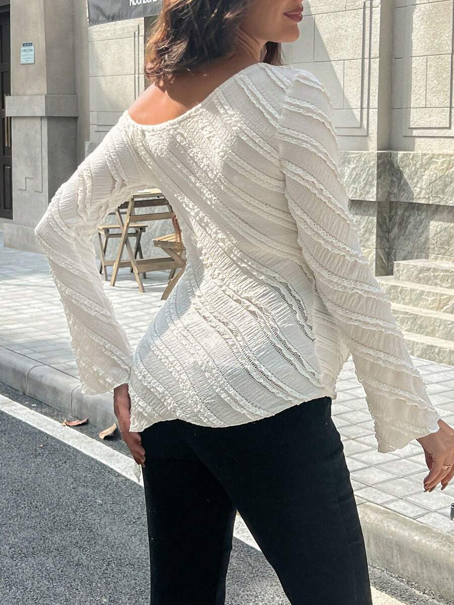 Maternity One Shoulder Long Bell Sleeve Shirt - Asymmetrical Ruffle Hem Slim Fit Rib Knit Jacquard Top for Beach & Casual Wear