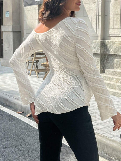Maternity One Shoulder Long Bell Sleeve Shirt - Asymmetrical Ruffle Hem Slim Fit Rib Knit Jacquard Top for Beach & Casual Wear