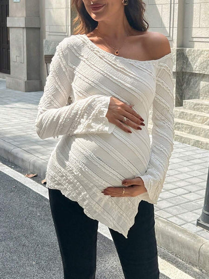 Maternity One Shoulder Long Bell Sleeve Shirt - Asymmetrical Ruffle Hem Slim Fit Rib Knit Jacquard Top for Beach & Casual Wear