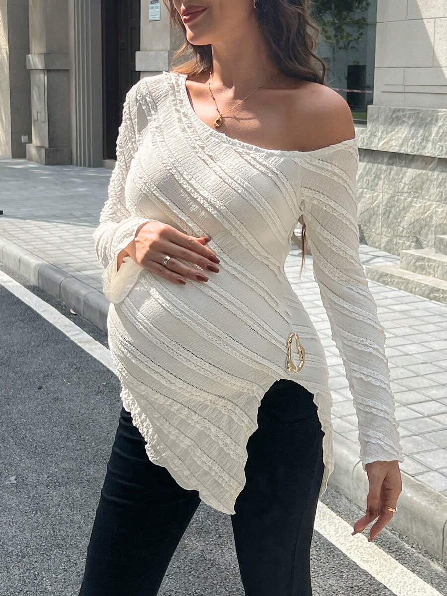 Maternity One Shoulder Long Bell Sleeve Shirt - Asymmetrical Ruffle Hem Slim Fit Rib Knit Jacquard Top for Beach & Casual Wear