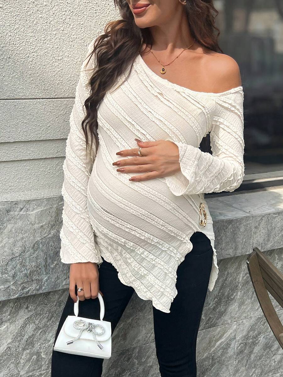 Maternity One Shoulder Long Bell Sleeve Shirt - Asymmetrical Ruffle Hem Slim Fit Rib Knit Jacquard Top for Beach & Casual Wear