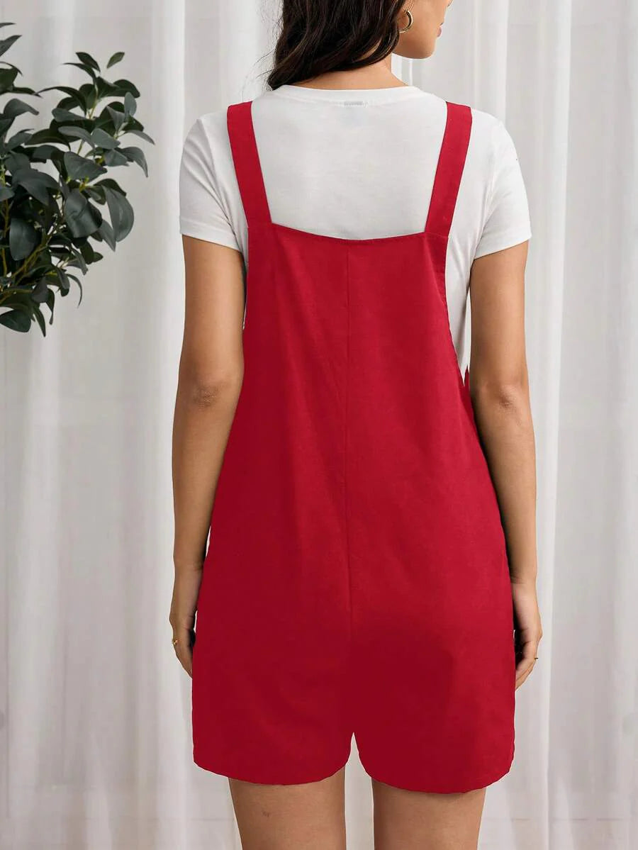 Navy Blue Maternity Button Pocket Casual Bib Romper - Sleeveless Bermuda Length Woven Overall Jumpsuit for Street Style