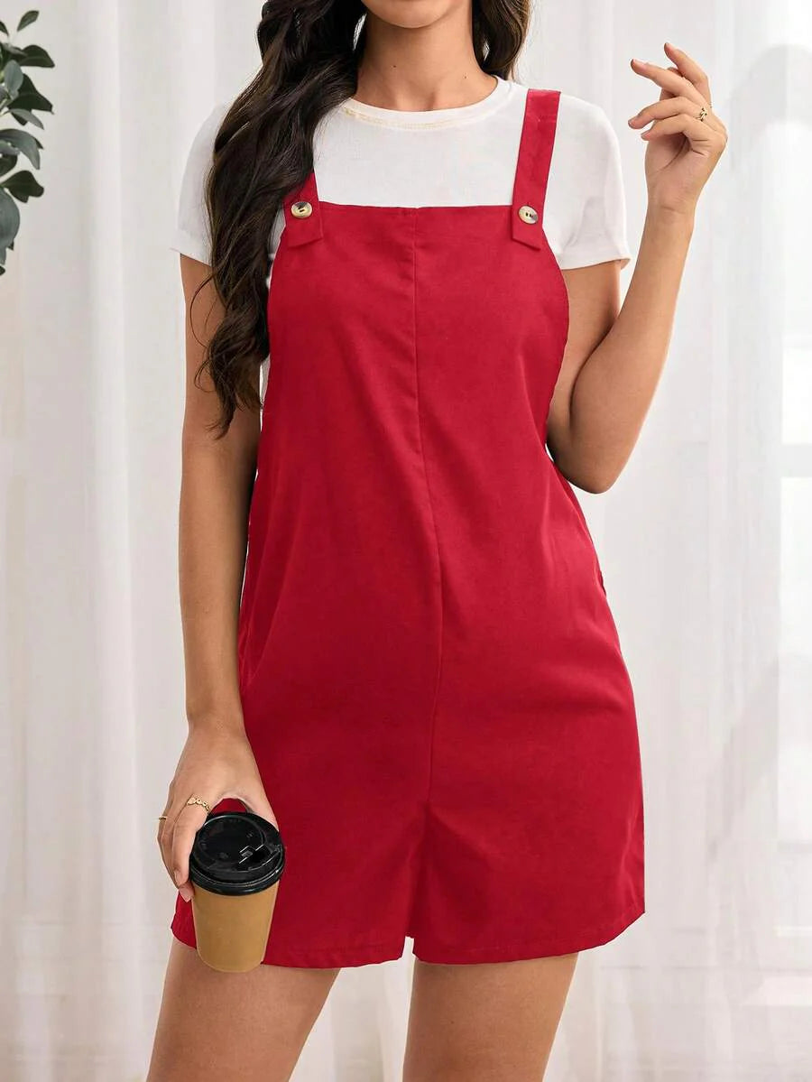 Navy Blue Maternity Button Pocket Casual Bib Romper - Sleeveless Bermuda Length Woven Overall Jumpsuit for Street Style
