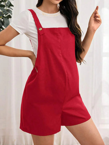 Navy Blue Maternity Button Pocket Casual Bib Romper - Sleeveless Bermuda Length Woven Overall Jumpsuit for Street Style