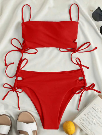 Swim Vcay Women's Solid Color Lace-Up Sexy Bikini Swimsuit Set, Wireless For Summer Beach Vacation