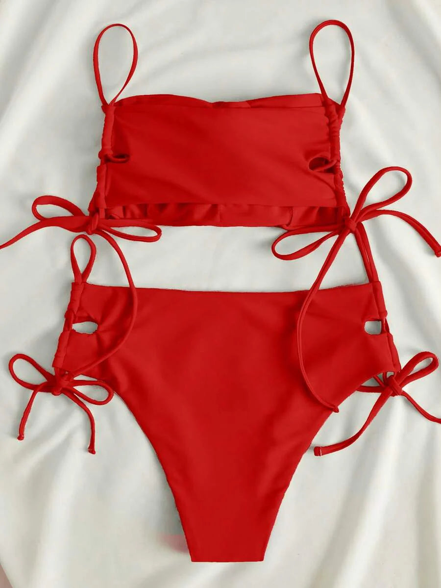 Swim Vcay Women's Solid Color Lace-Up Sexy Bikini Swimsuit Set, Wireless For Summer Beach Vacation