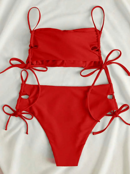 Swim Vcay Women's Solid Color Lace-Up Sexy Bikini Swimsuit Set, Wireless For Summer Beach Vacation