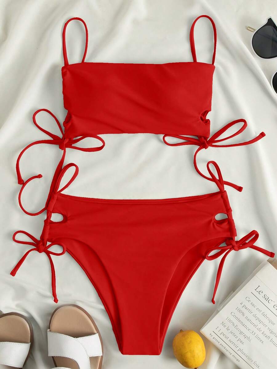Swim Vcay Women's Solid Color Lace-Up Sexy Bikini Swimsuit Set, Wireless For Summer Beach Vacation