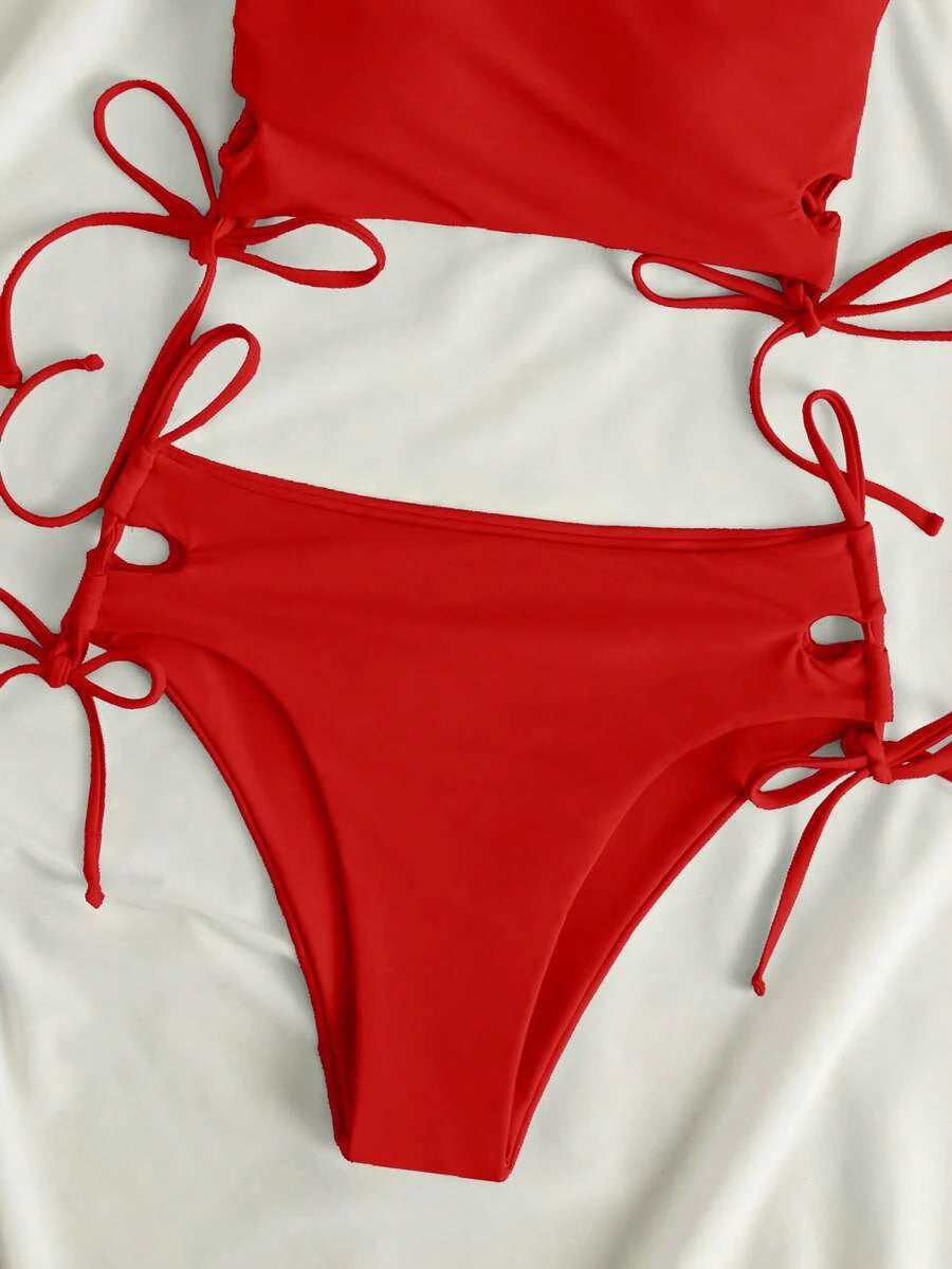 Swim Vcay Women's Solid Color Lace-Up Sexy Bikini Swimsuit Set, Wireless For Summer Beach Vacation