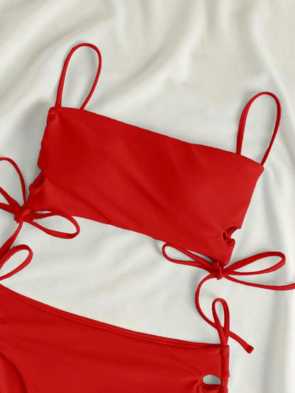 Swim Vcay Women's Solid Color Lace-Up Sexy Bikini Swimsuit Set, Wireless For Summer Beach Vacation