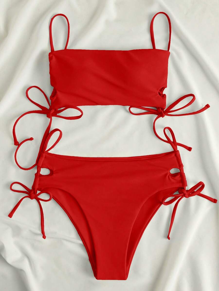 Swim Vcay Women's Solid Color Lace-Up Sexy Bikini Swimsuit Set, Wireless For Summer Beach Vacation