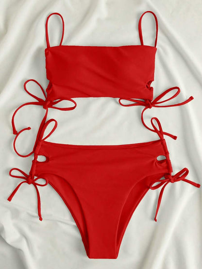 Swim Vcay Women's Solid Color Lace-Up Sexy Bikini Swimsuit Set, Wireless For Summer Beach Vacation