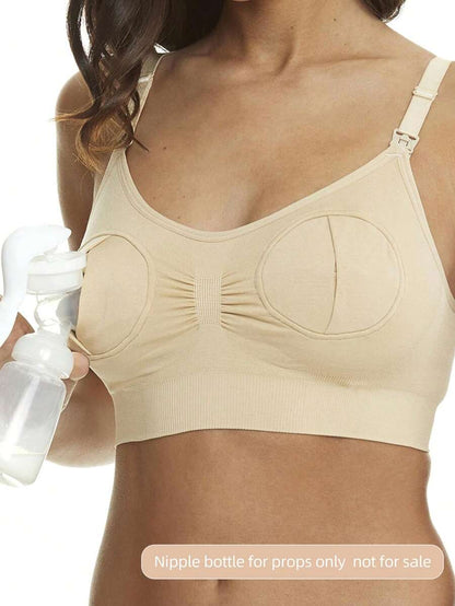 White Hands-Free Nursing Bra With Breast Pump, Front Clasp Maternity Breastfeeding Bra (Bottle Is A Prop)