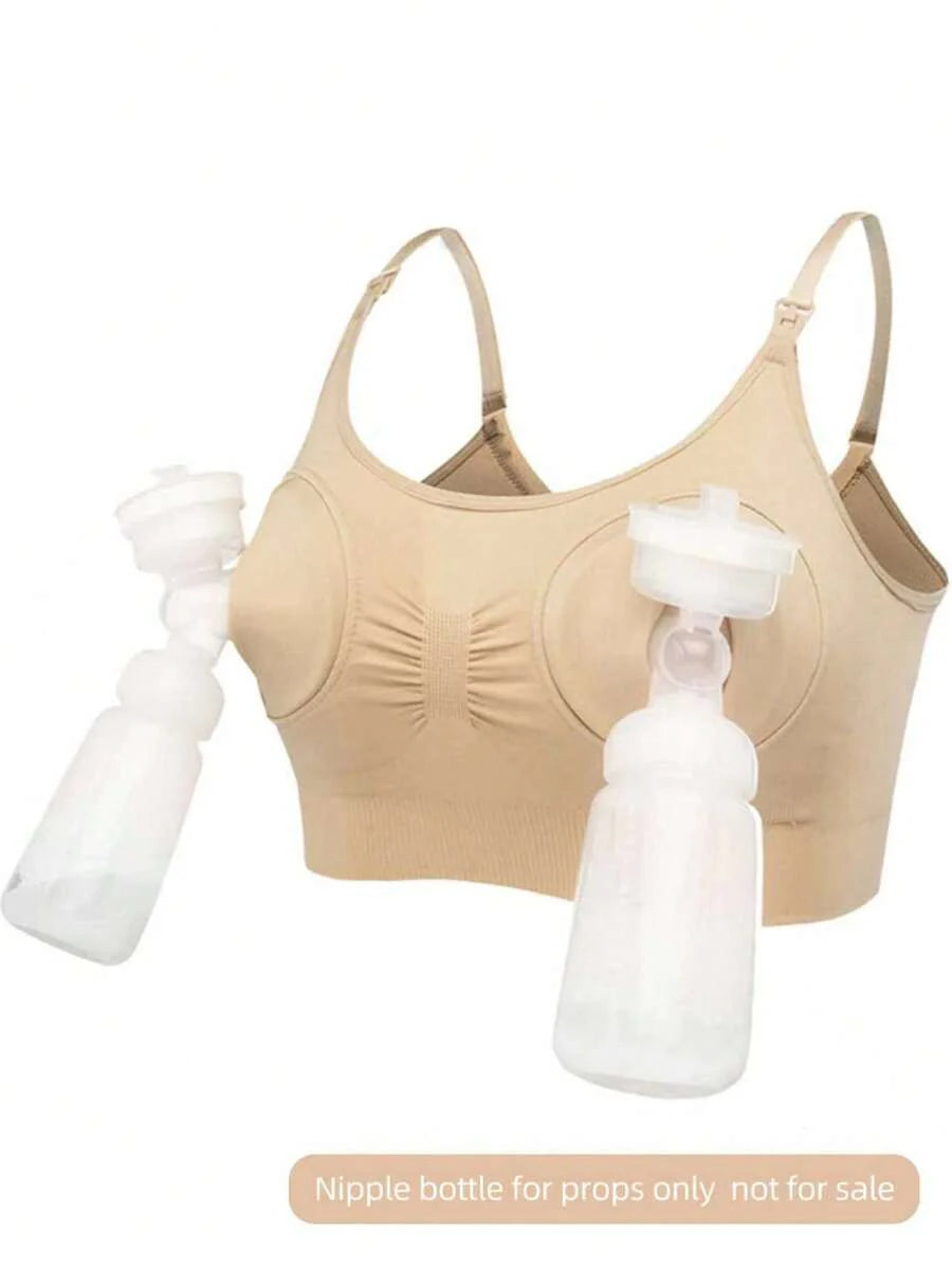 White Hands-Free Nursing Bra With Breast Pump, Front Clasp Maternity Breastfeeding Bra (Bottle Is A Prop)