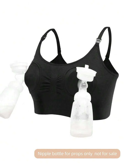 White Hands-Free Nursing Bra With Breast Pump, Front Clasp Maternity Breastfeeding Bra (Bottle Is A Prop)