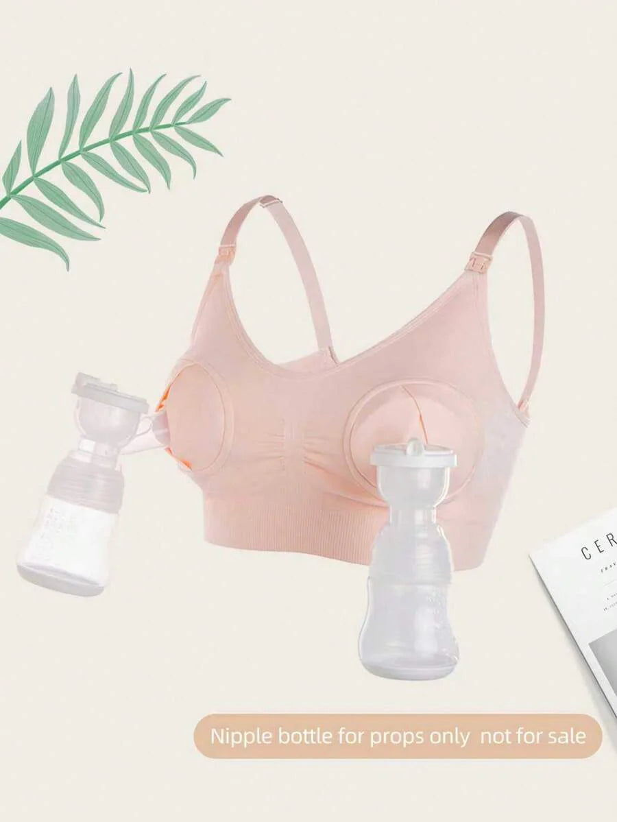 White Hands-Free Nursing Bra With Breast Pump, Front Clasp Maternity Breastfeeding Bra (Bottle Is A Prop)