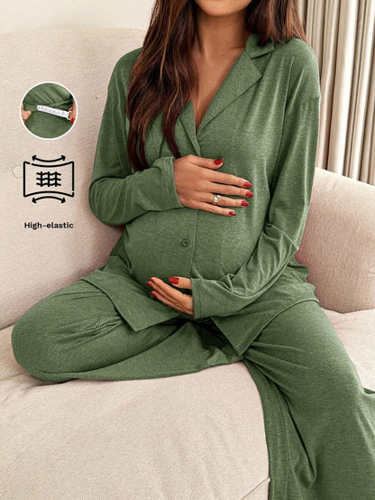 Green Maternity 2-Piece Lounge Set - V-Neck Long Sleeve Top and Pants Pajama Set - Soft Casual Maternity Sleepwear for Spring and Fall