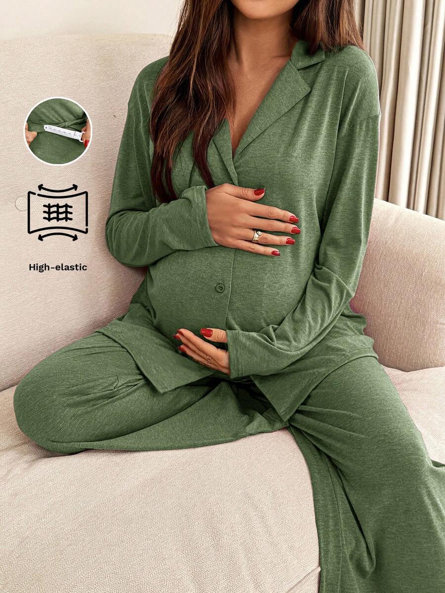 Khaki 2 Piece Maternity Loungewear Set - V-Neck Button Front Long Sleeve Top and Pants - Casual Loose Fit Maternity Sleepwear Suit