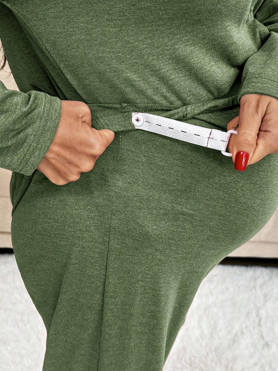 Khaki 2 Piece Maternity Loungewear Set - V-Neck Button Front Long Sleeve Top and Pants - Casual Loose Fit Maternity Sleepwear Suit