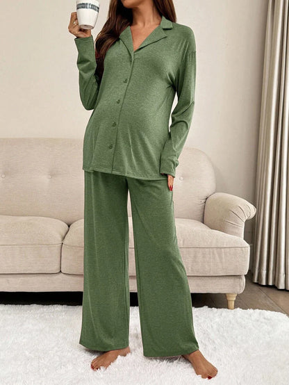 Khaki 2 Piece Maternity Loungewear Set - V-Neck Button Front Long Sleeve Top and Pants - Casual Loose Fit Maternity Sleepwear Suit