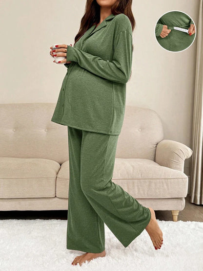 Green Maternity 2-Piece Lounge Set - V-Neck Long Sleeve Top and Pants Pajama Set - Soft Casual Maternity Sleepwear for Spring and Fall