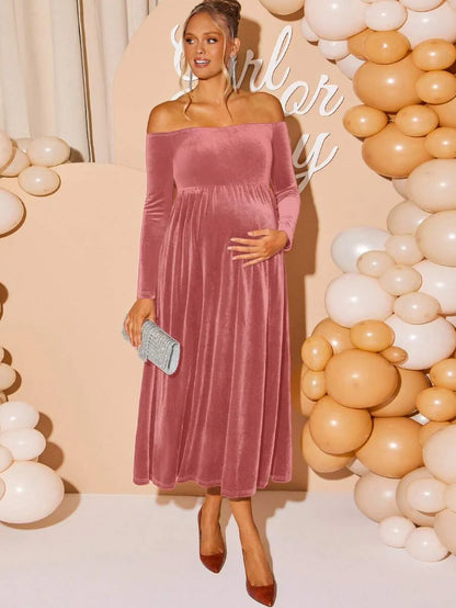 Maternity Off Shoulder Fishtail Baby Shower Long Sleeve Dress Slim Fit Solid Wine Gown Pregnancy Photoshoot Fall Winter