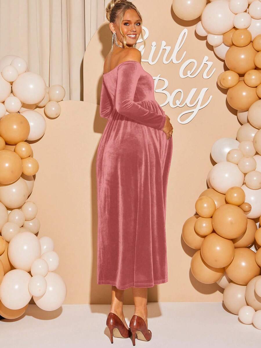 Maternity Off Shoulder Fishtail Baby Shower Long Sleeve Dress Slim Fit Solid Wine Gown Pregnancy Photoshoot Fall Winter