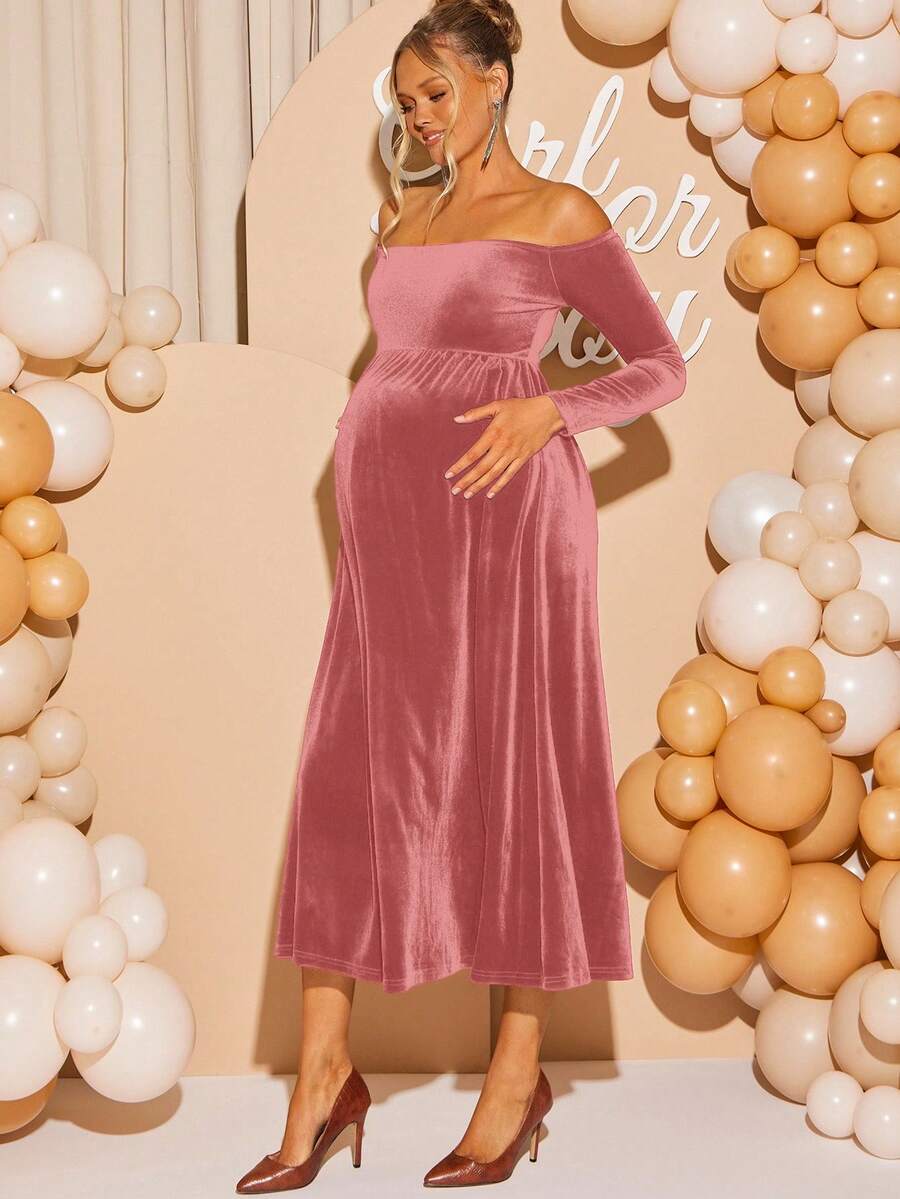 Maternity Off Shoulder Fishtail Baby Shower Long Sleeve Dress Slim Fit Solid Wine Gown Pregnancy Photoshoot Fall Winter