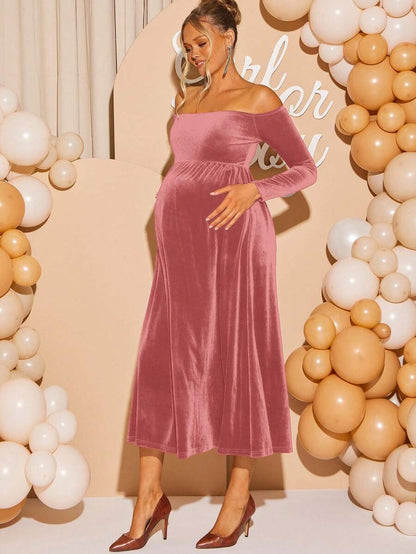 Maternity Off Shoulder Fishtail Baby Shower Long Sleeve Dress Slim Fit Solid Wine Gown Pregnancy Photoshoot Fall Winter
