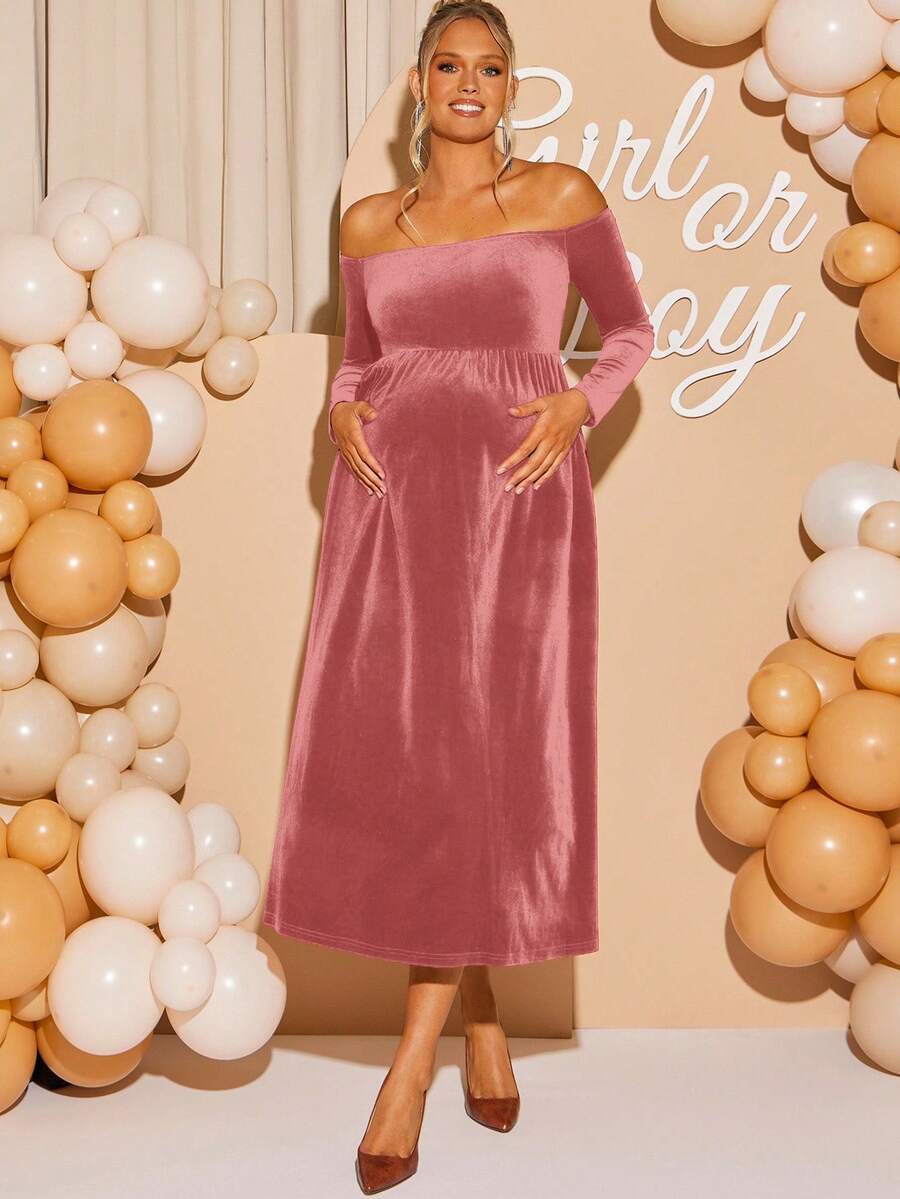 Maternity Off Shoulder Fishtail Baby Shower Long Sleeve Dress Slim Fit Solid Wine Gown Pregnancy Photoshoot Fall Winter