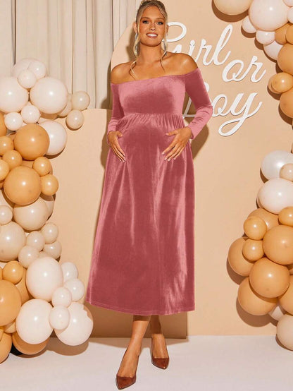 Maternity Off Shoulder Fishtail Baby Shower Long Sleeve Dress Slim Fit Solid Wine Gown Pregnancy Photoshoot Fall Winter