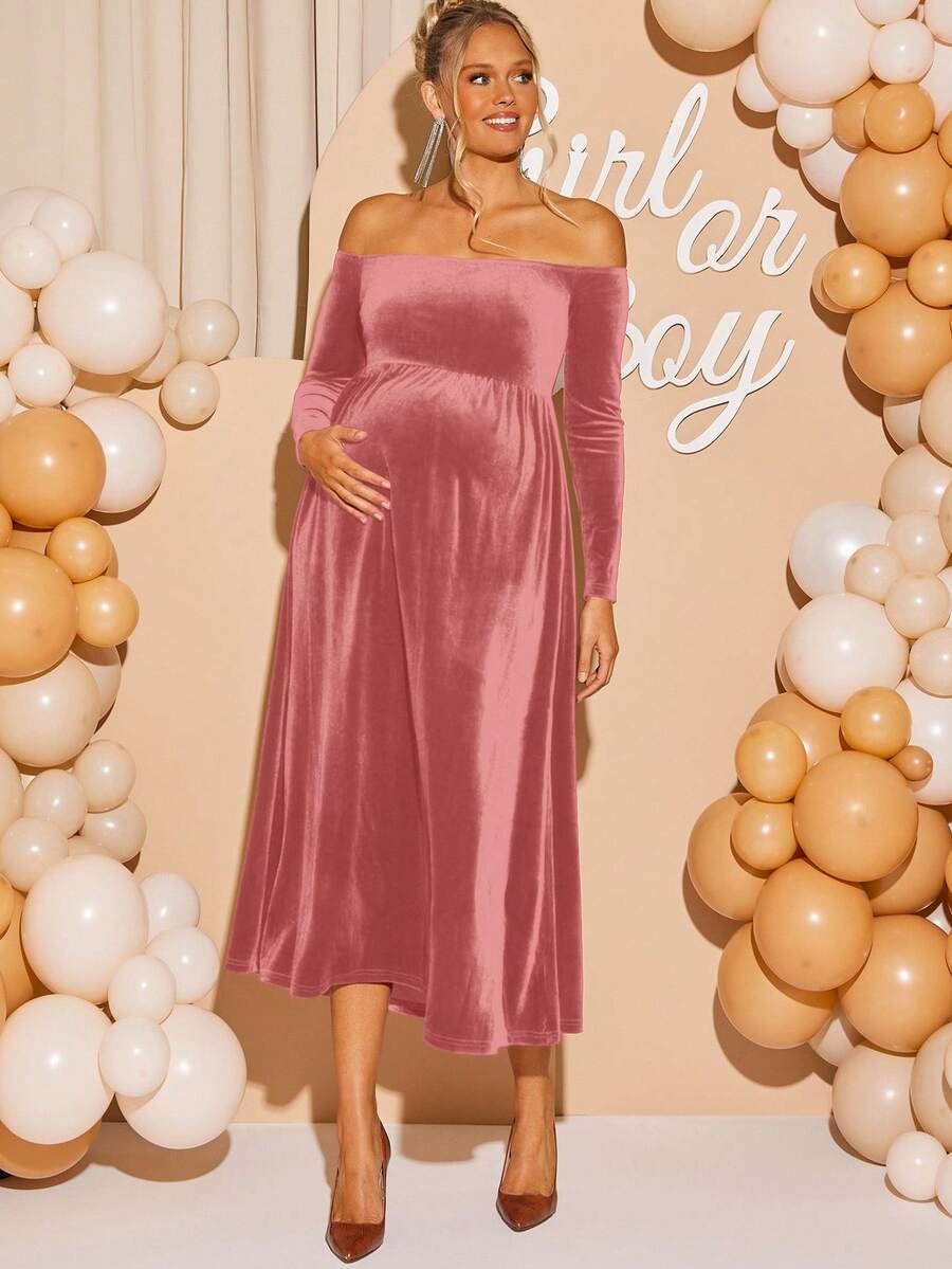 Maternity Off Shoulder Fishtail Baby Shower Long Sleeve Dress Slim Fit Solid Wine Gown Pregnancy Photoshoot Fall Winter