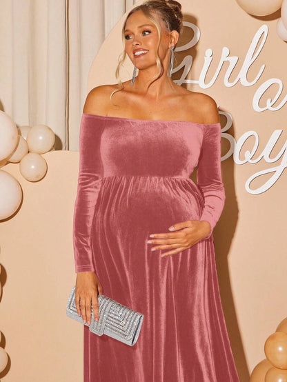 Maternity Off Shoulder Fishtail Baby Shower Long Sleeve Dress Slim Fit Solid Wine Gown Pregnancy Photoshoot Fall Winter