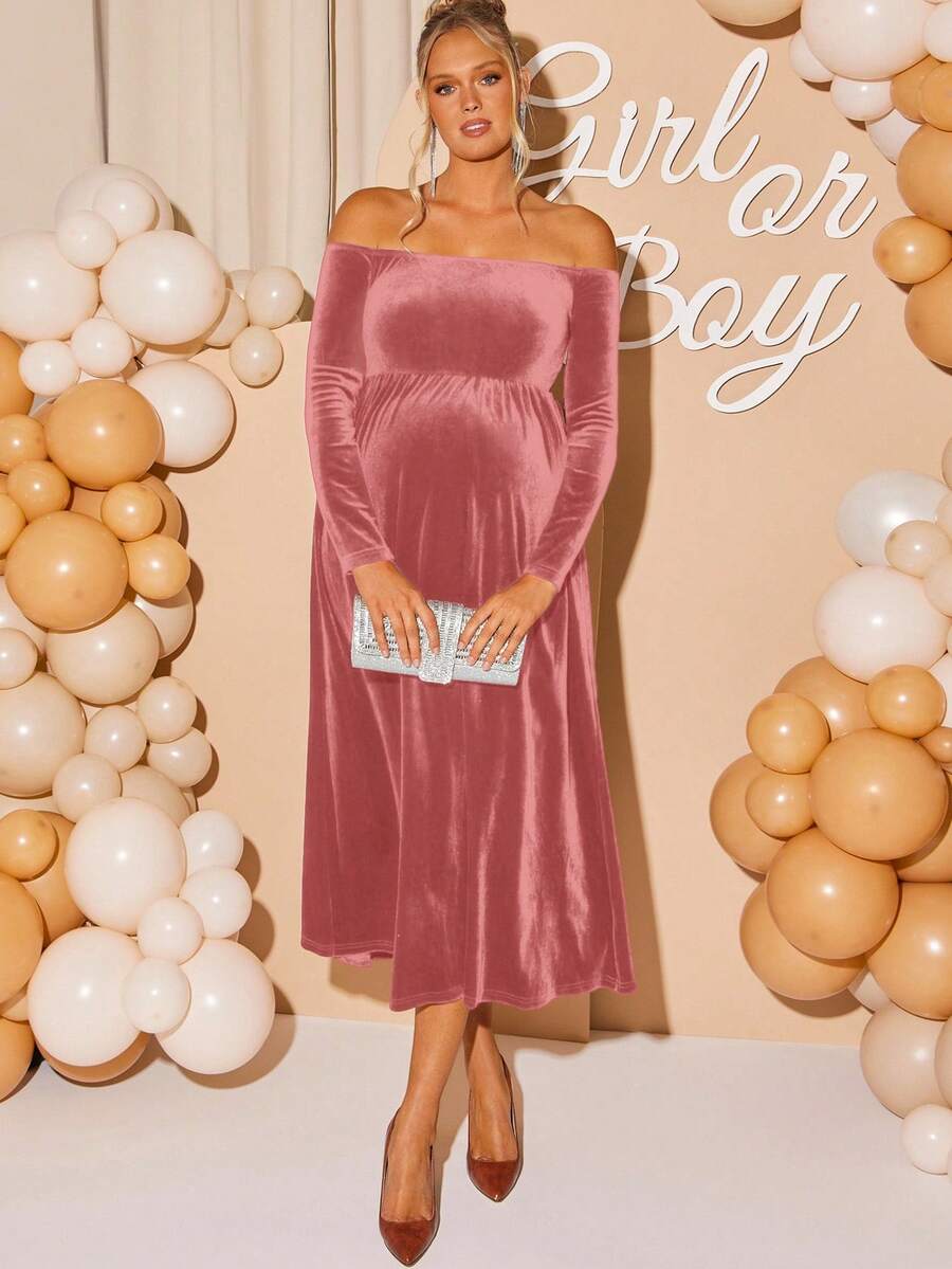Maternity Off Shoulder Fishtail Baby Shower Long Sleeve Dress Slim Fit Solid Wine Gown Pregnancy Photoshoot Fall Winter