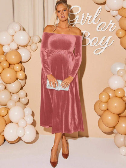 Maternity Off Shoulder Fishtail Baby Shower Long Sleeve Dress Slim Fit Solid Wine Gown Pregnancy Photoshoot Fall Winter