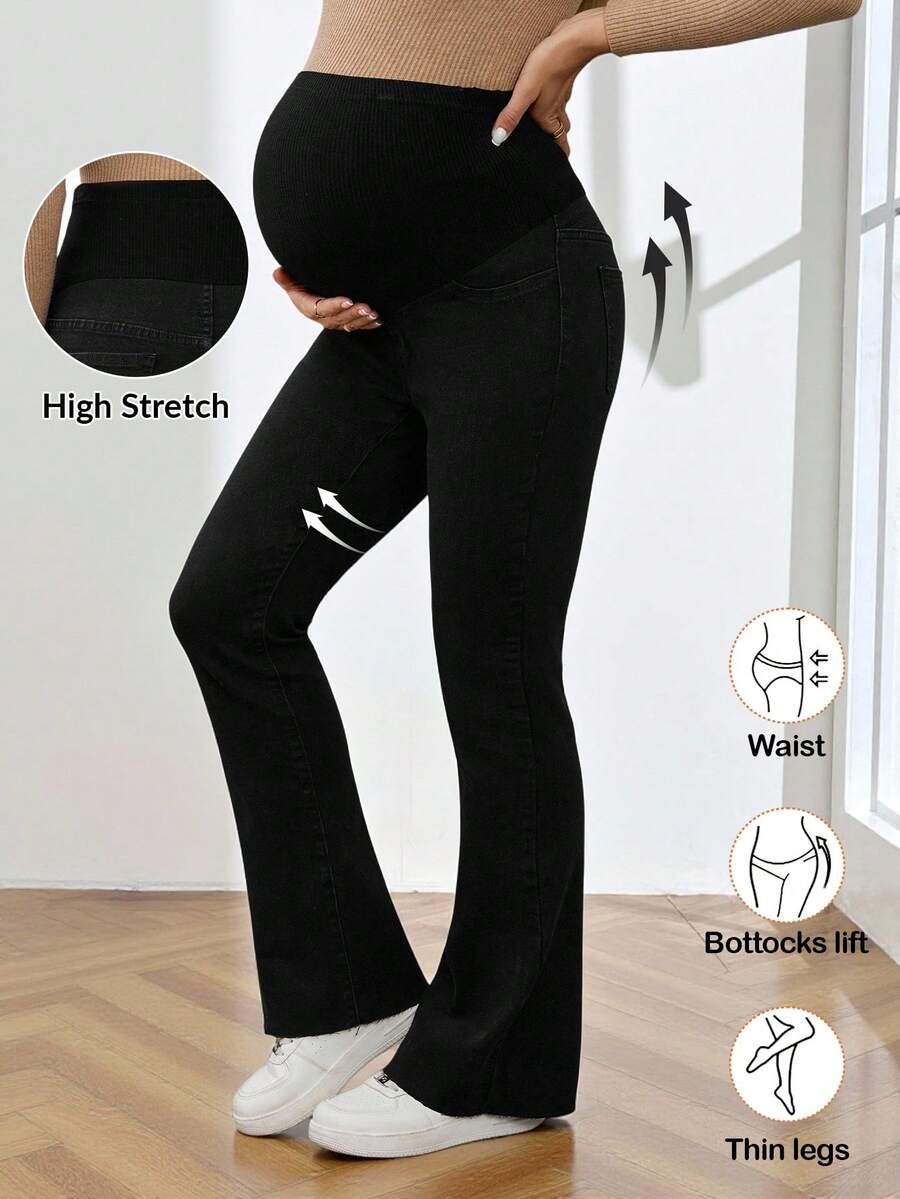 Royal Blue Maternity Flare Jeans – High-Stretch Supportive Elastic Waist Bell Bottoms for Work, Holiday, & Y2K Chic Streetwear