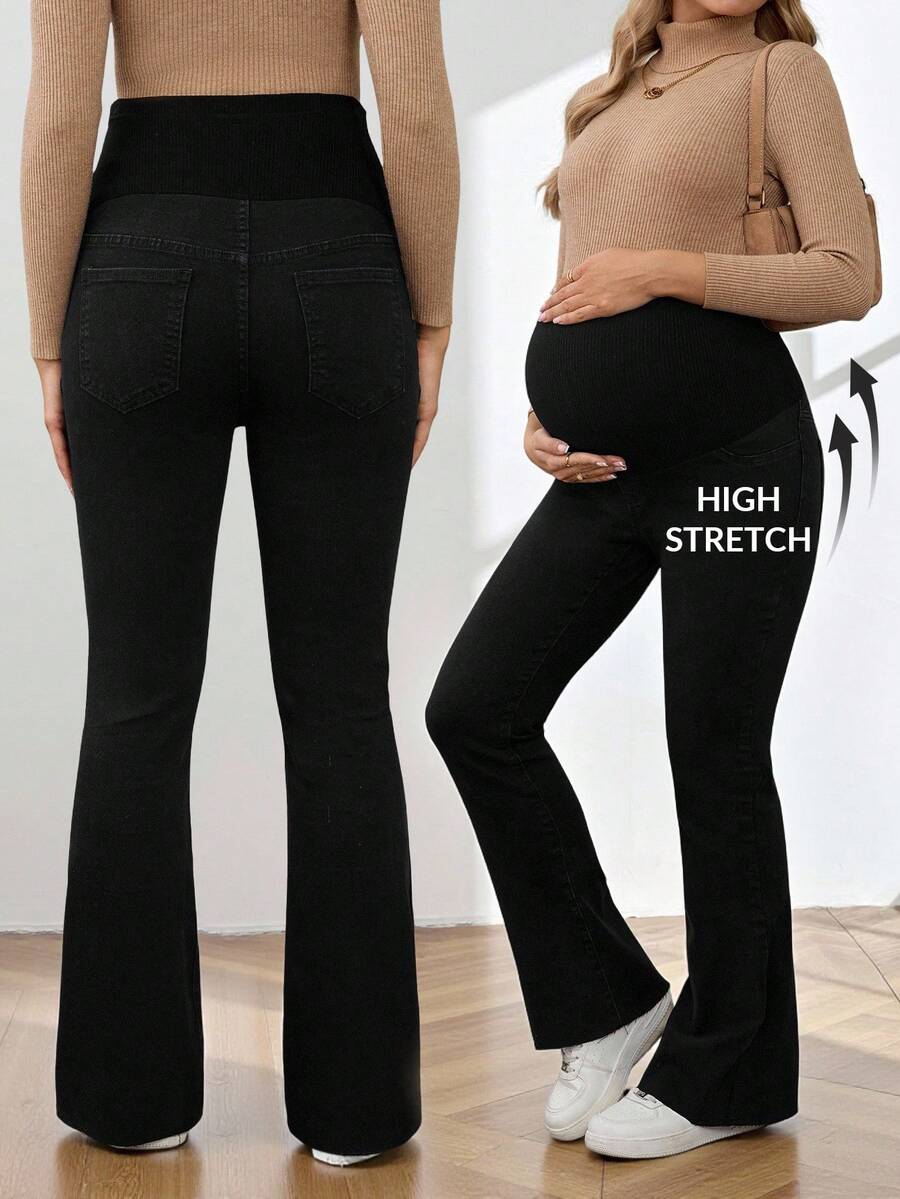 Royal Blue Maternity Flare Jeans – High-Stretch Supportive Elastic Waist Bell Bottoms for Work, Holiday, & Y2K Chic Streetwear