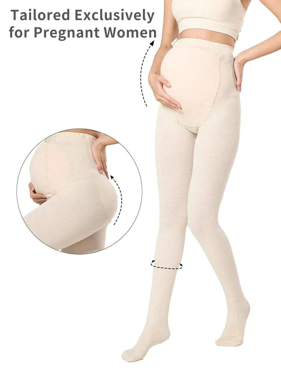 Maternity Tights - Cream High Waist Adjustable Belly Support Medium Thick Stirrup, Spring Autumn