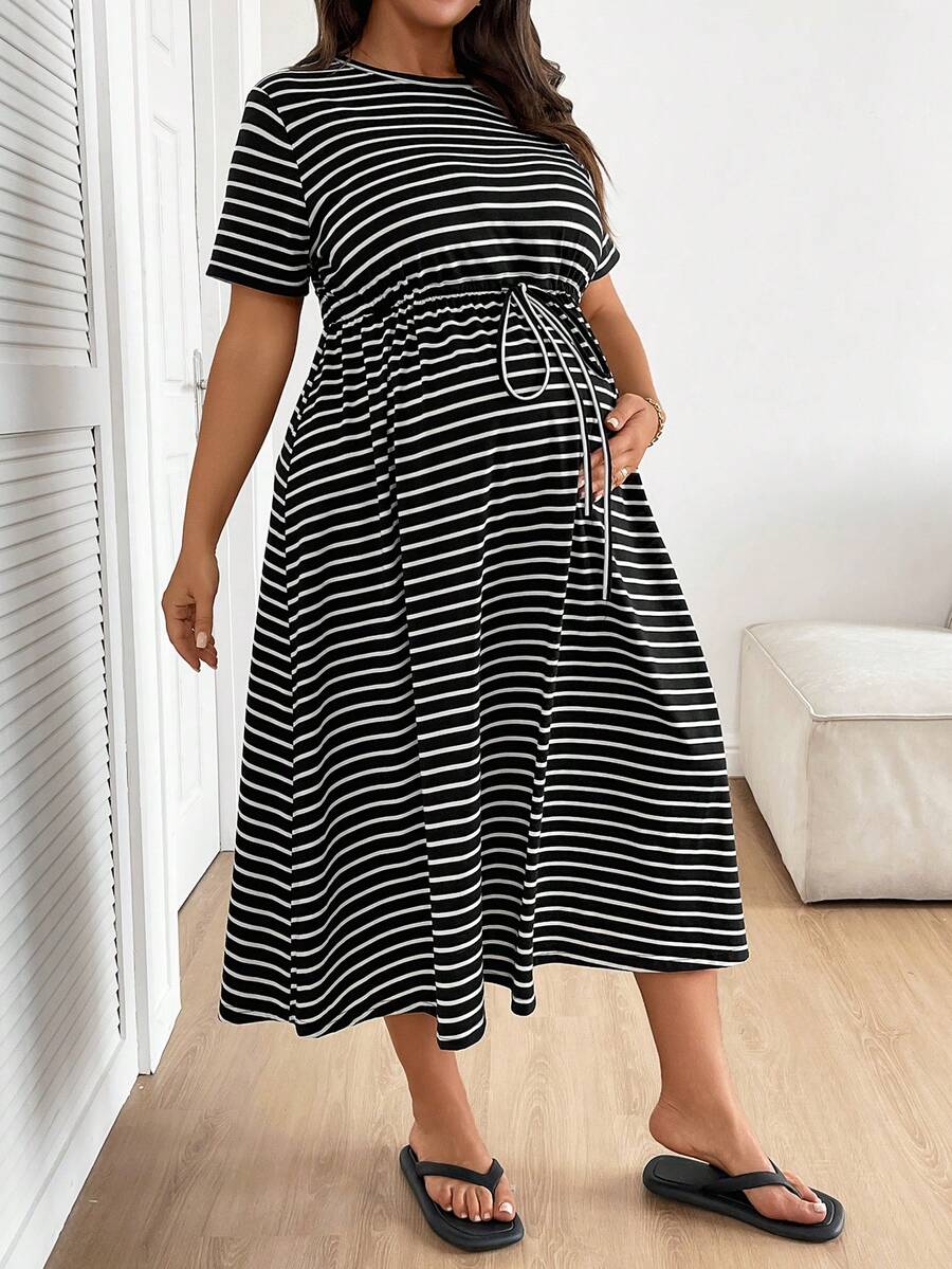 Plus Size Maternity Striped Midi Dress - Round Neck, Short Sleeve, Drawstring, High Waist, Black
