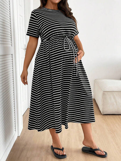Plus Size Maternity Striped Midi Dress - Round Neck, Short Sleeve, Drawstring, High Waist, Black