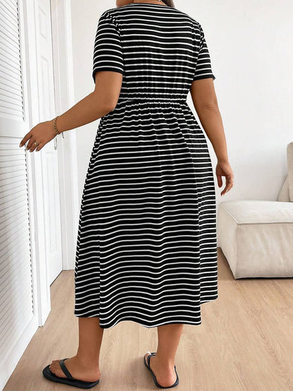 Plus Size Maternity Striped Midi Dress - Round Neck, Short Sleeve, Drawstring, High Waist, Black