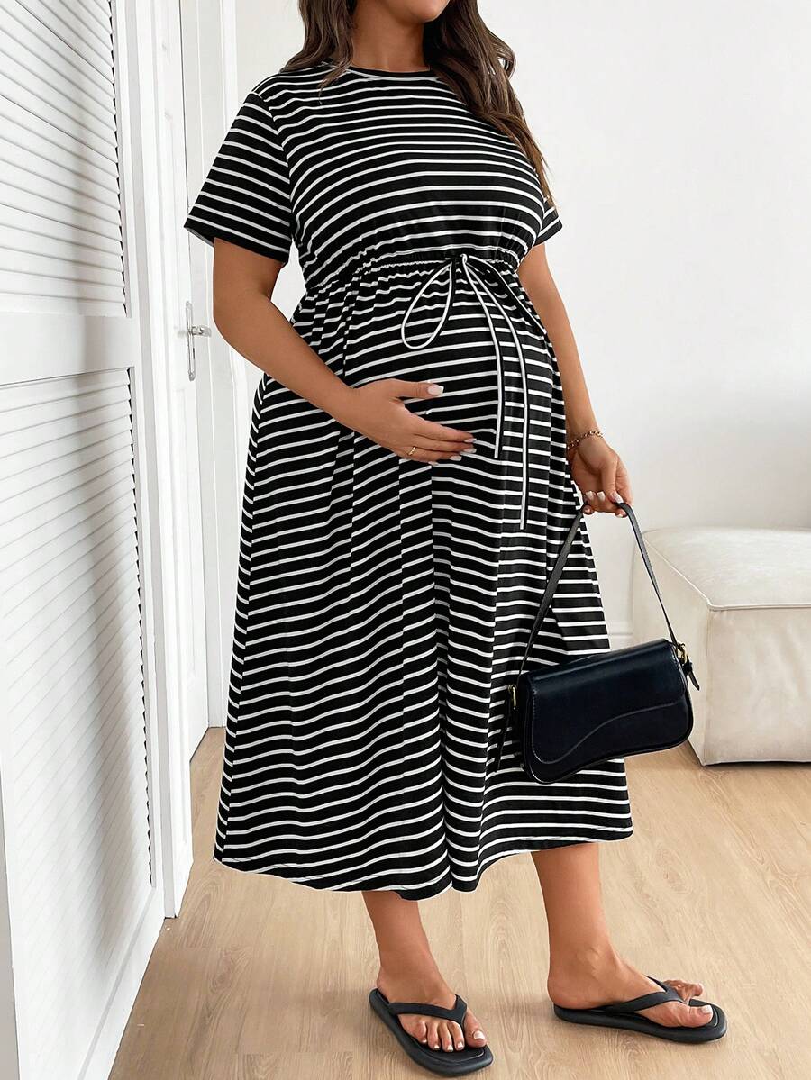 Plus Size Maternity Striped Midi Dress - Round Neck, Short Sleeve, Drawstring, High Waist, Black