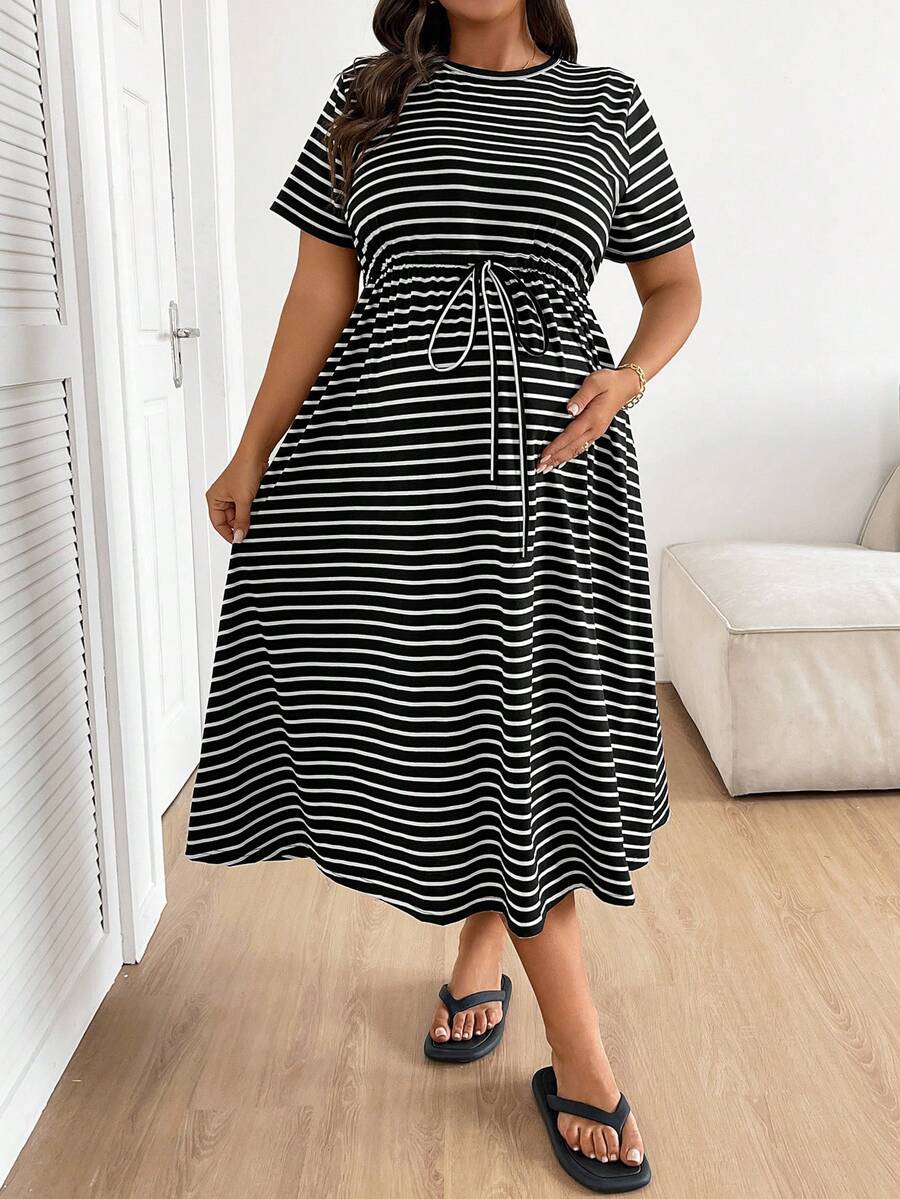 Plus Size Maternity Striped Midi Dress - Round Neck, Short Sleeve, Drawstring, High Waist, Black